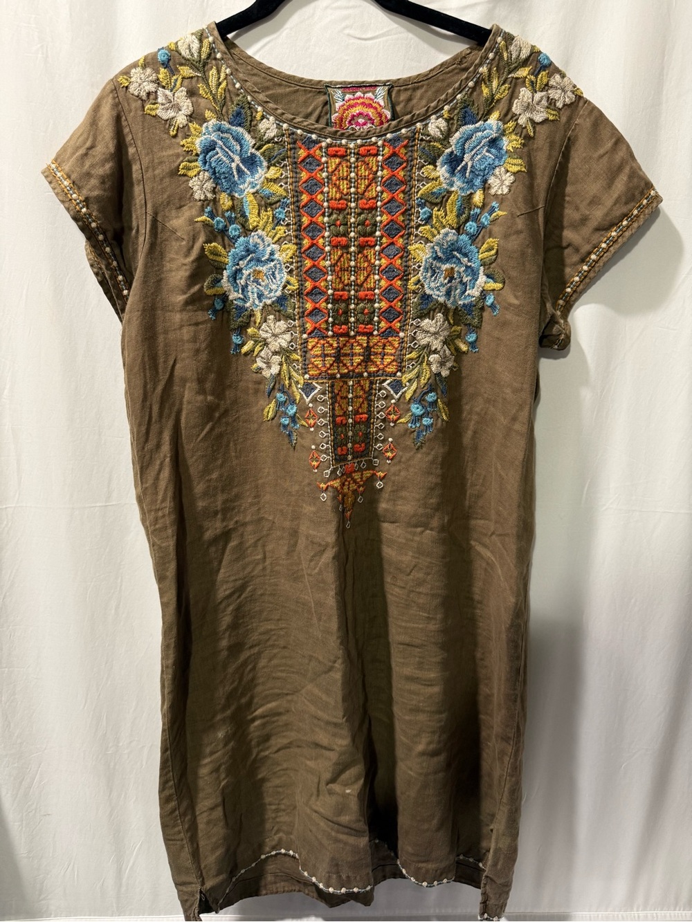 Johnny Was Brown Tunic with Blue Floral Embroidery